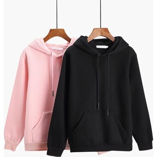 Women Simple Autumn Cotton Warm Long Sleeve Sweatshirt Cute Solid Color Plus Velvet Loose Hooded Sweatshirts