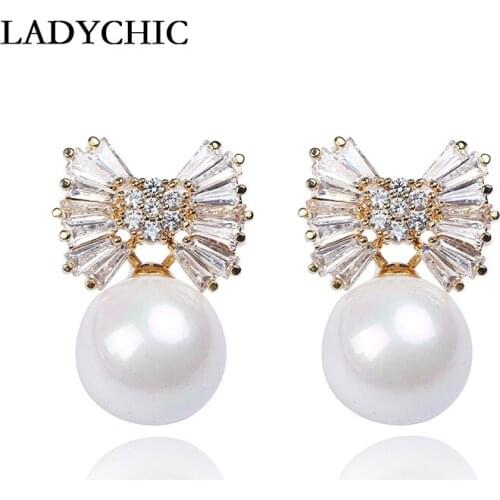 LADYCHIC Trendy Freshwater Pearl Earrings for Women Gold & Silver Color Bowknot Crystal Earring Elegant Gift Dropshipping LE1301