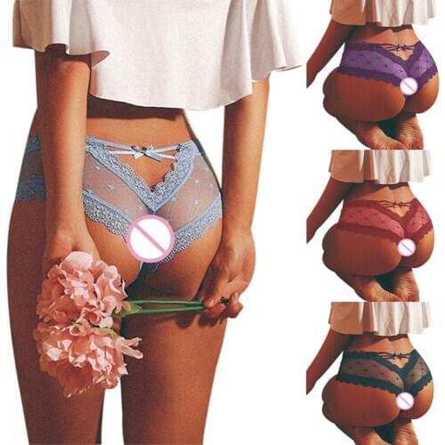 Women Cage Back Panties Mesh Perspective Wave Shape Bow Underwear Lady Sexy See Through Lace Bowknot Briefs