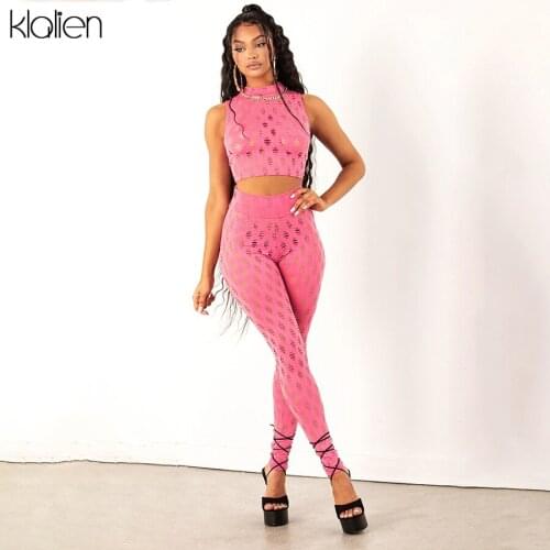 KLALIEN Women Summer Sexy Hollow Out O Neck Sleeveless Top and Trousers 2 Piece Set 2021 New Casual Skinny Stretch Tracksuit