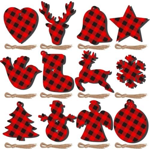 10PCS Christmas Wood Chips Wooden Snowflakes Christmas Tree Hanging Ornaments Red Black Grid DIY Decoration Xmas Near Year 2022
