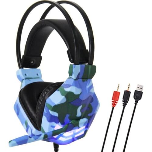 3.5mm Wired Camouflage PC Gaming Headset with USB Light Over Ear Headphone with Cable Volume Control Headphones with Mic