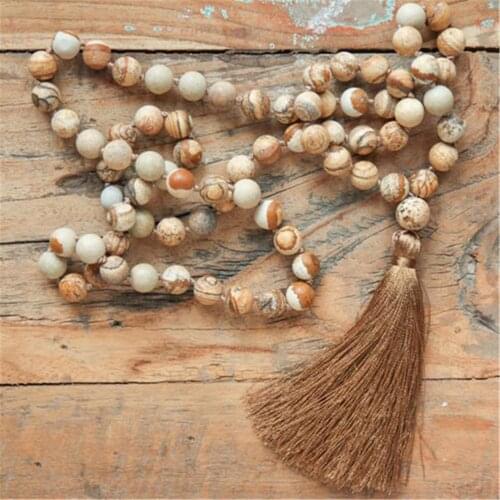 8mm picture jasper Gemstone 108 beads Mala tassel necklace Classic Buddhism Wristband Meditation Retro Spirituality Spiritua