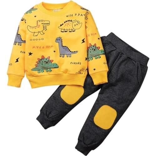 Bobora Toddler Kid Baby Boy Clothes Dinosaur Long Sleeve Sweatshirt Top Patch Pants Sweatsuit 2PCS Fall Winter Outfits Set