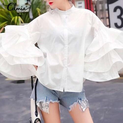 Celmia Elegant Stand Collar Womens 2021 Fashion Shirts Casual Spring Streetwear Tops Ruffled Layered Flare Sleeve Solid Blusas
