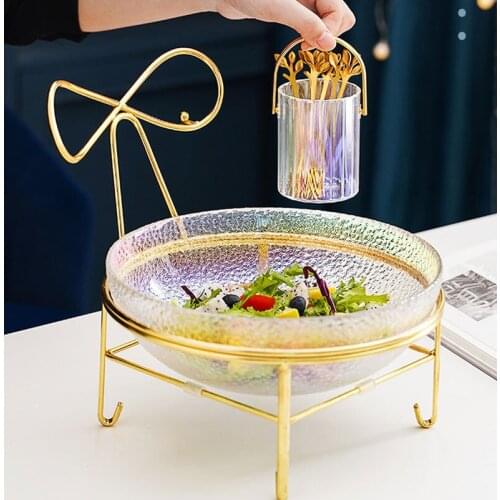 European Glass Fruit Plate Iron Frame Tray Decoration Knife and Fork Storage Cup Living Room Salad Snack Plate Household Candy