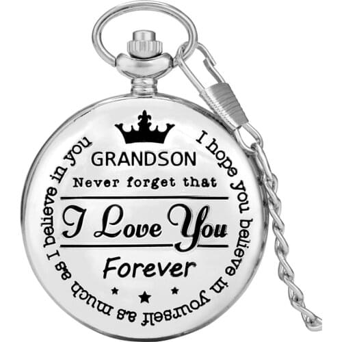 GRANDSON, I Love You Engraving Personalized Text Quartz Pocket Watch Souvenir Pendant Pocket Clock Birthday Gifts Fob Watches