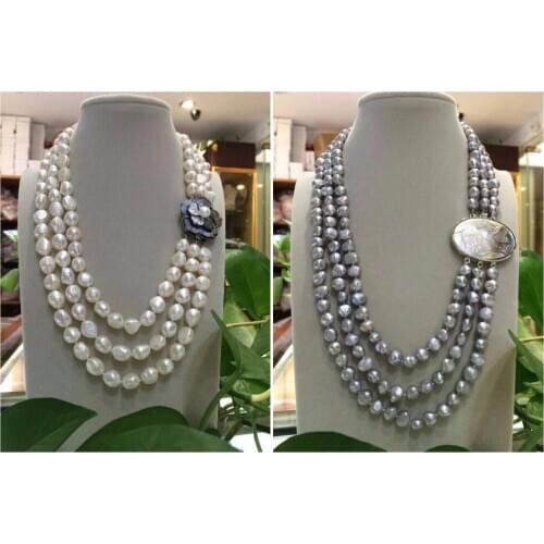 Customized 3 rows 9-10mm 19 inches Natural Grey white pink purple rice freshwater pearls Baroque Necklace