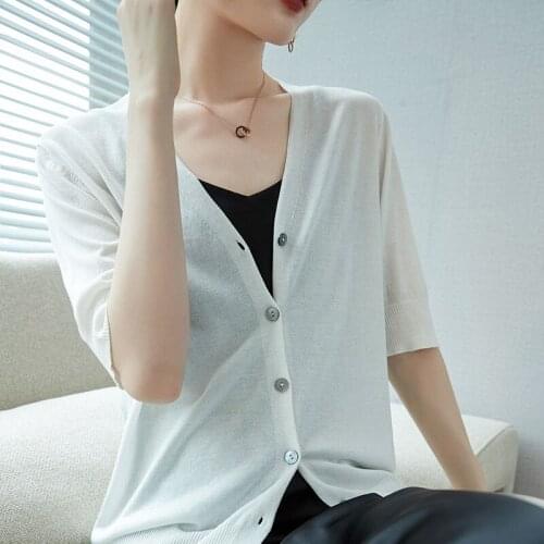 Spring Summer Autumn New Womens Single Breasted Knitted Short Sleeve Casual Cardigan V-Collar Sweaters Fashion Comfortable Soft
