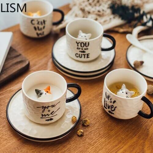 Coffee Cup and Breakfast Saucer Pokemon Go Ceramic Set Cup with Saucer Couple Cat Water Cup Cute Animal Mug Tea Cup