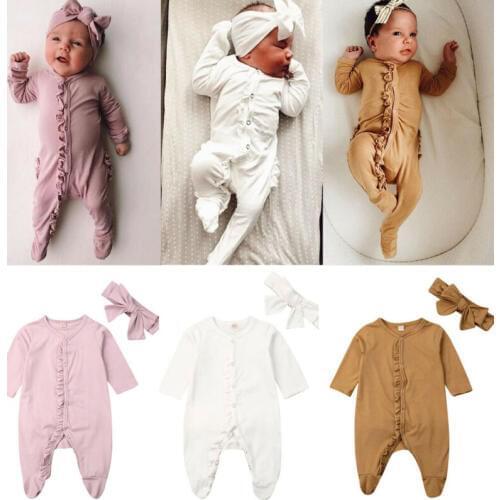 Pudcoco US Stock New 0-12M Newborn Infant Baby Boy Girl Cotton Romper Long Sleeve Solid Jumpsuit Clothes Headband 2PCS Outfit