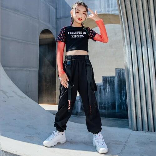 Summer Net Sleeved Crop Tops For Girls Hip Hop Dance Costume Loose Black Pants Jazz Street Dancing Wear Kids Rave Clothes BL6319