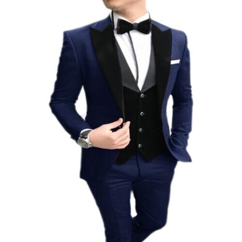 2020 Mens suit 3 Pieces Set Casual Slim Fit Navy Blue Peaked Lapel Best Man Tuxedos For Wedding Party Suits (Blazer+vest+Pants)