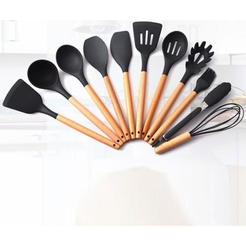 Silicone Utensils set 12 Pcs Non-stick Wooden Handle Cooking Tools Utensils Set Gray Kitchen Containers Set Kitchen Tools