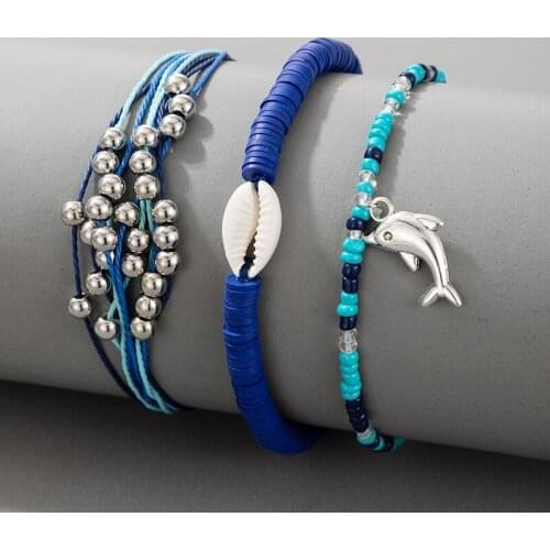 Docona Ethnic Handmade Rope Adjustable Charm Bracelets Set for Women Multilayer Dolphin Shell Pendant Bangle Jewelry Party