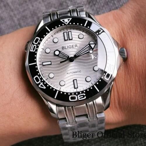 BLIGER Dress Silver Color 41mm Steel Automatic Men Watch 24 Jewels NH35A Seeing Glass Screwdown Crown