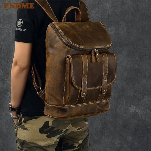 PNDME vintage crazy horse cowhide large capacity mens backpack luxury genuine leather outdoor travel youth laptop bagpack