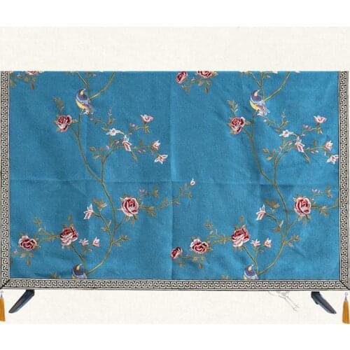 Custom Embroidery Peony Flower LCD TV Set Dustproof Cover Cloth Hanging Desktop TV Chinese Cotton Linen Dust Protection Cover