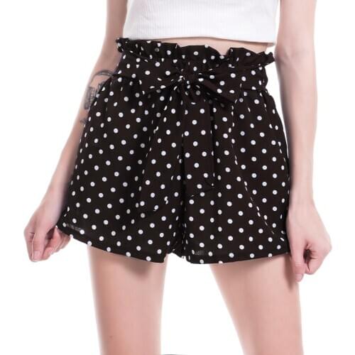 VIIANLES Printed Dots Summer Shorts Frill Trim Bow High Waist Shorts Fashion Lady Women Black Navy Blue Loose Female XL Casual