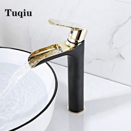 Tuqiu Basin Faucet Bathroom Waterfall hot and cold single lever Brass water Mixer Tap chrome black Basin Water Sink Mixer crane