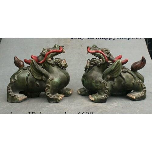 Collect Chinese Dyansty Ancient Porcelain Kylin Chi-lin Qilin Beast Statue Pairs