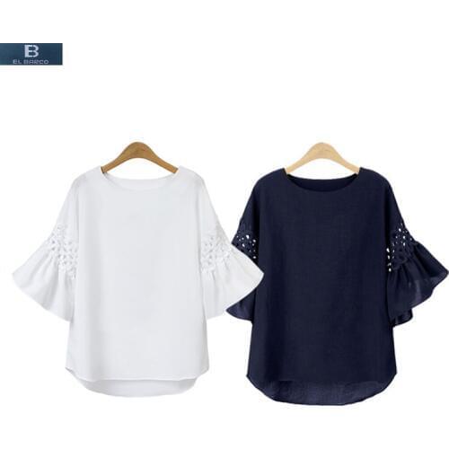 [EL BARCO] 2017 New Cotton Linen Chiffon Women Summer Blouse Shirts Hollow-Out Soft Lace White Blue Casual Tops Plus Size M-3XL
