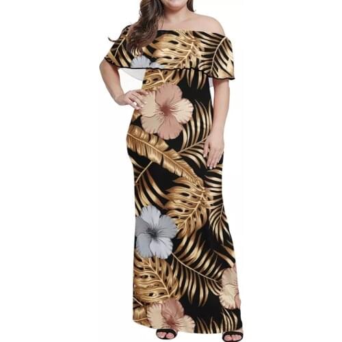 Hycool Gold Polynesian Tribal Floral Design Off Shoulder Ruffle Long Maxi Dress Women Plus Size 7xl Beach Hawaiian Lady Sundress