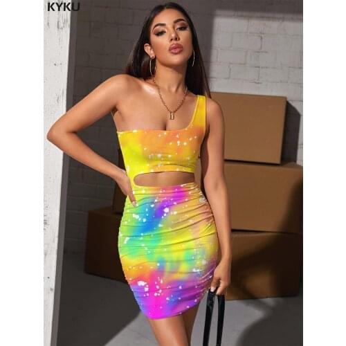KYKU Tie Dye Dress Women Gradient Pleating Colorful 3d Print Harajuku Bodycon Dress Womens Clothing Plus Size New Beach