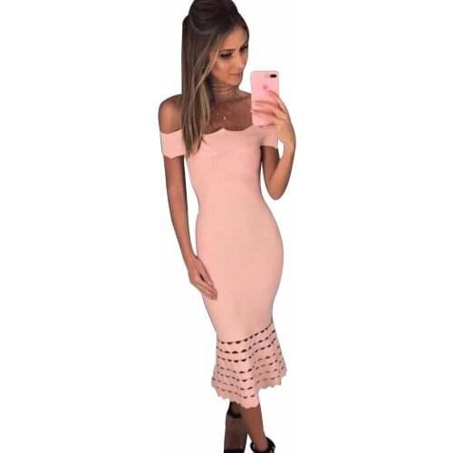2020 Elegant Jacquard Pink Wine Red Bandage Dress Maxi Off The Shoulder Sexy Hollow Out Celebrity Vestidos High Quality Dresses