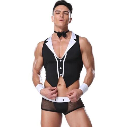 2020 4-piece Set Men Night Club Bar Wear Sexy Bartender Costume Male Carnival Party Role Playing Game Halloween Costumes Adult