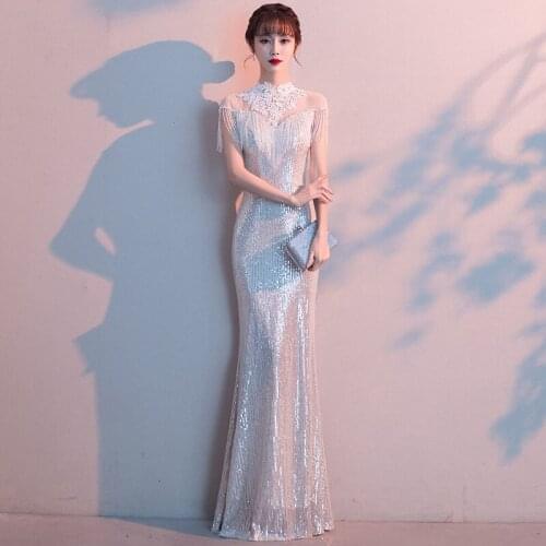 2020 Bride Sexy Lace Tassel Long Evening Dresses Exquisite Sequins Slim Tight Evening Party Gown