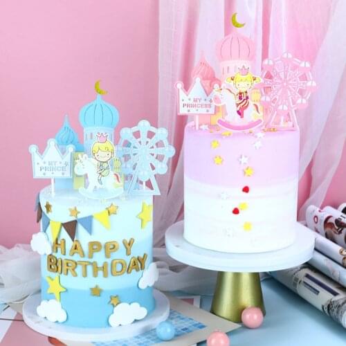 4Pcs/Set Prince Princess Topper Flags Decoration Happy Birthday Cake Toppers Kids Birthday Party Supplies