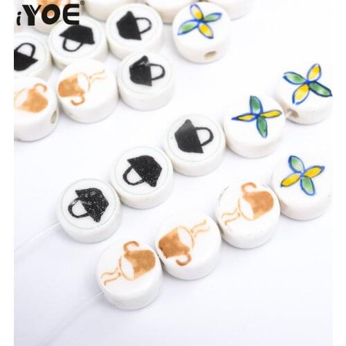 5/10/20pcs 16mm Hand-Painted Ceramic Beads Flower Coffee Hat Loose Glaze Jewelry Beads for Making Bracelet Keychain Home Craft