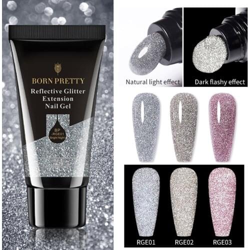 BORN PRETTY 30g Reflective Glitter Acrylic Gel Silver Gel Nail Polish Semi Permanent Soak Off Nail Art Extension Gel Polish