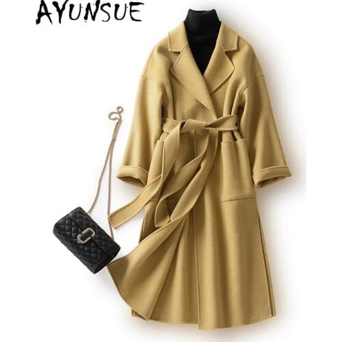 AYUNSUE 100% Wool Coat Women autumn with Belt Winter Fashion Korean Style Coat female Ladies Coats and Jakcets Womens Clothing