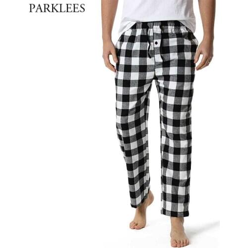 White Black Plaid Pajama Bottom Pants Men Lounging Relaxed Comfy Soft Cotton Flannel Home Wear Breathable Flannel Pyjama Homme