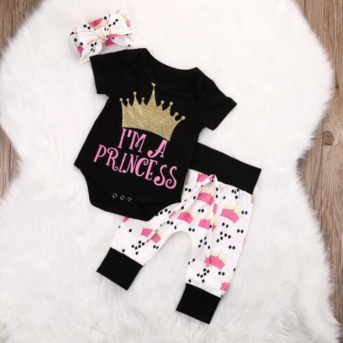 New Infant Baby Girls Crown Tops Bodysuits Pants Leggings Headband 3pcs Cute Clothing Baby Girl Outfits Set
