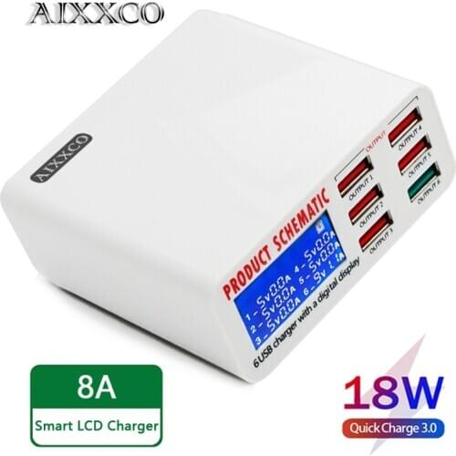 AIXXCO Fast Charge 3.0 6 Ports Smart Mobile Phone Desktop USB Charger for iPhone Samsung Xiaomi Quick Charger