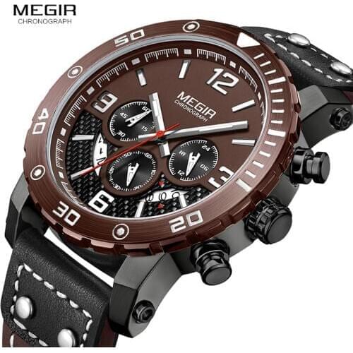 MEGIR Mens Chronograph Quartz Watches Fashion Analogue 24-hour Display Luminous Wrist Watch for Men Leather Strap 2084G-BKBN