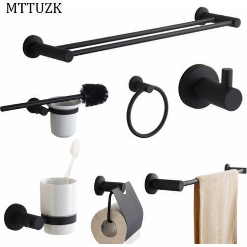 MTTUZK Black Stainless Steel Toilet Paper Holder Clothes Hook Towel Ring Toilet Brush Holder Wall Mount Bath Hardware Sets