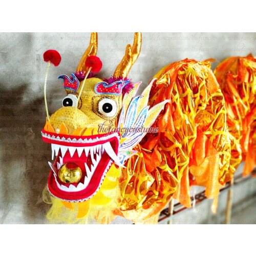 3.1m Golden Length Dragon Dance Costume 4 Players Kid Children Boy Girl School Halloween Party Performance Parade Folk Stage