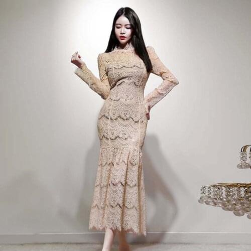 Elegant Vintage Party Dress 2020 Autumn OL Long Tail fishtail Package Hip Dress Sexy Ladies Dress New Female Lace Dress