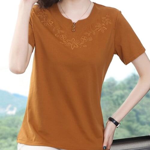 Summer Casual V Neck Women Tshirts Female Embroidery Tee Shirt Femme Cotton T-Shirt Short Sleeve Solid Tees Korean Style Clothes
