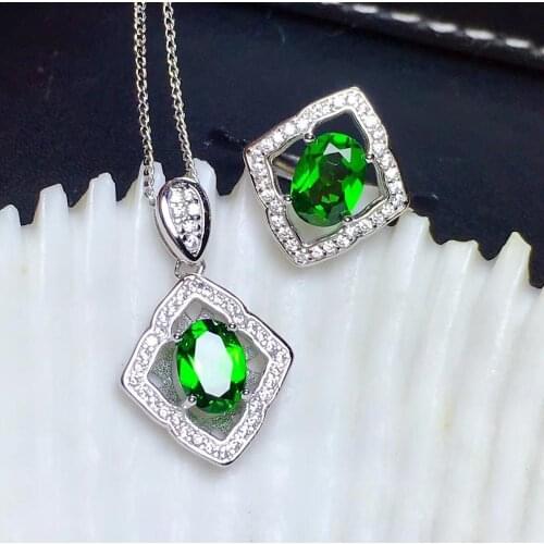 Fashion rhombus geometry Natural green diopside Ring Necklace Natural Gemstone Jewelry Set 925 Silver Women party gift jewelry