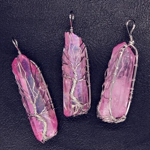 Trendy-beads Silver Plated Wire Wrap Irregular Shape Crystal Dyed Rose Red Pendant Unique Jewelry