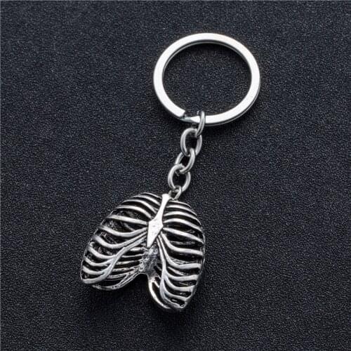 Fashion Stainless Steel Keychain Punk Human Rib Cage Skeleton Pendant Suspension Keys Rings Chain Charm Rock Party Accessories