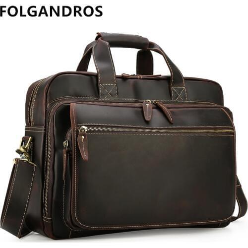 DHL Free Shipping Mens Briefcase Genuine Leather Handmade Thick Cowhide Business Office Laptop Briefcase Tote On Trolley Case