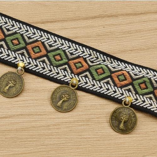National Style Tassel Quilting Lace Trim Ribbon With Coins Shape Pendant Strap Ethnic Clothes Sewing Decor Accessories