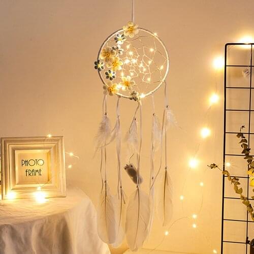 INS Butterfly Flower Dream Catcher Wall Hanging Ornament Decor LED Lights Handmade White Feather Dreamcatcher Home Decoration