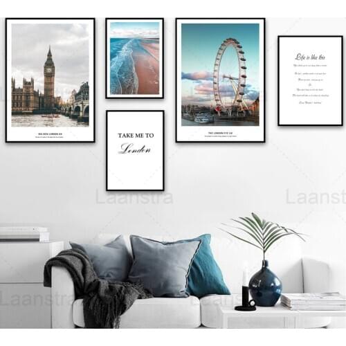 Clock Tower Building Home Decoration Painting Seaside Landscape Living Room Wall Canvas Poster Ferris Wheel Simple Text London
